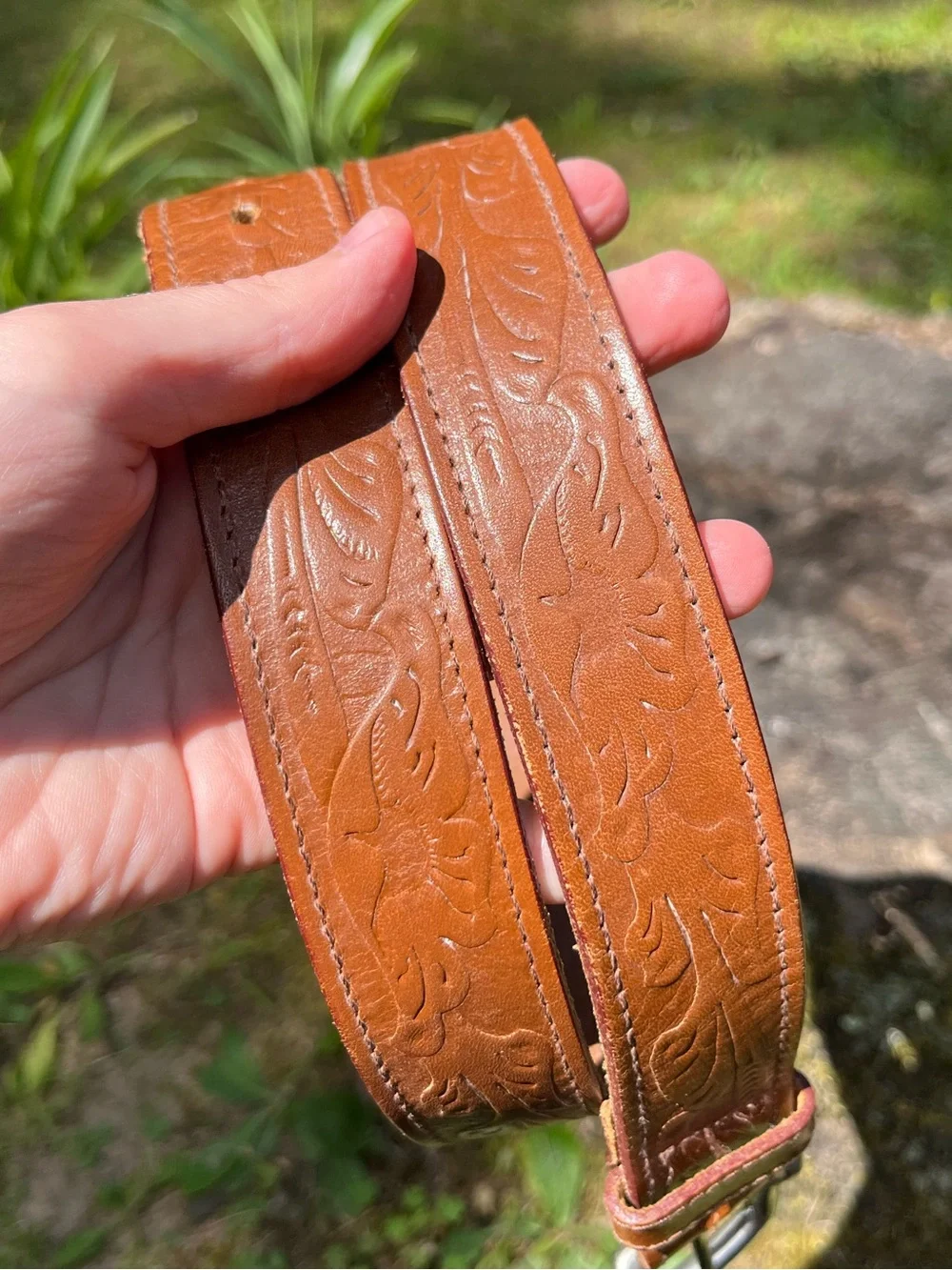 90s Banana Republic Floral Tooled Genuine Leather Silver-Toned Buckle Tan Boho
